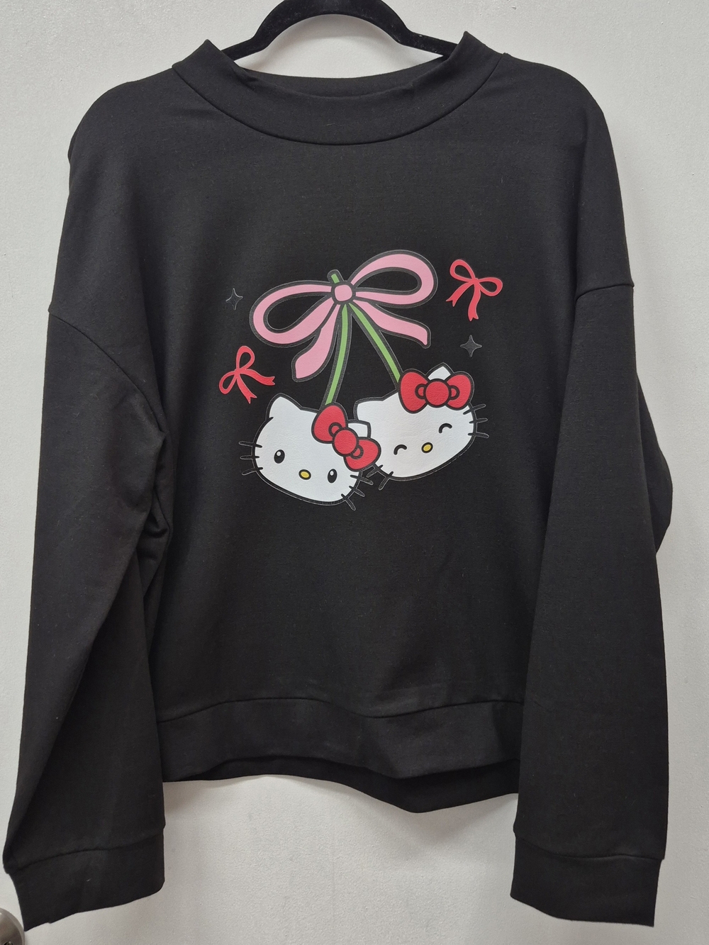 Hello Kitty Black Crewneck XL Sweatshirt Pink Bow Custom Graphic Added NWT